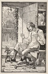 Immédiatement, un petit être sauta de sous les morceaux de cuir à ses pieds, et plaçant ses bras akimbo, rit un rire de gobelin dans le visage étonné de Taffy, illustration de 